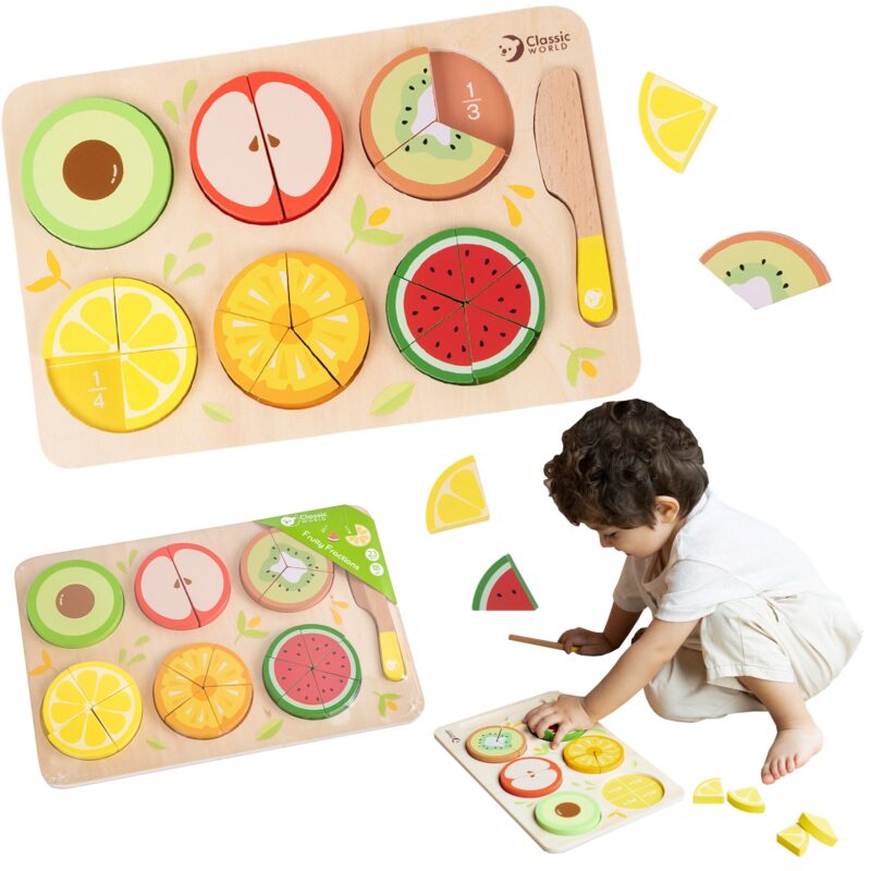 Drewniane owoce do krojenia na rzepy + nauka ułamków i dzielenia Montessori 23 el., zabawka dla dzieci, Classic World