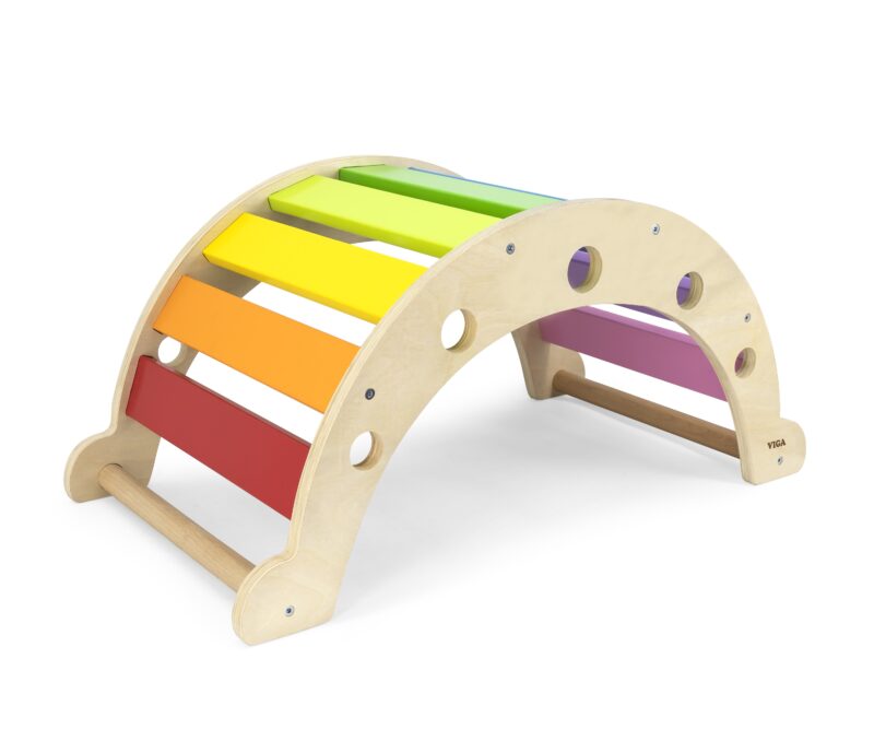 Drewniany bujak mostek 2w1 huśtawka Montessori tęczowa, zabawka dla dzieci, Viga