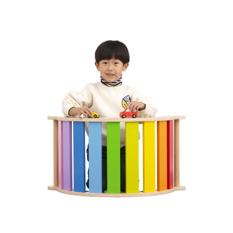 Drewniany bujak mostek 2w1 huśtawka Montessori tęczowa, zabawka dla dzieci, Viga