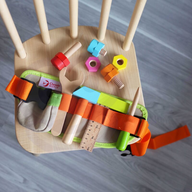 Drewniane narzędzia zestaw majsterkowicza pas + akc, zabawka dla dzieci, Classic World