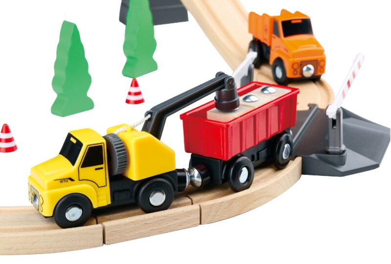 Drewniana konstrukcja budowanie drogi dla pojazdów budowlanych, zabawka dla dzieci, Tooky Toy