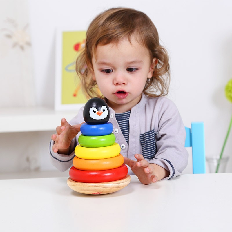 Drewniana układanka piramidka pingwin, zabawka dla dzieci, Tooky Toy