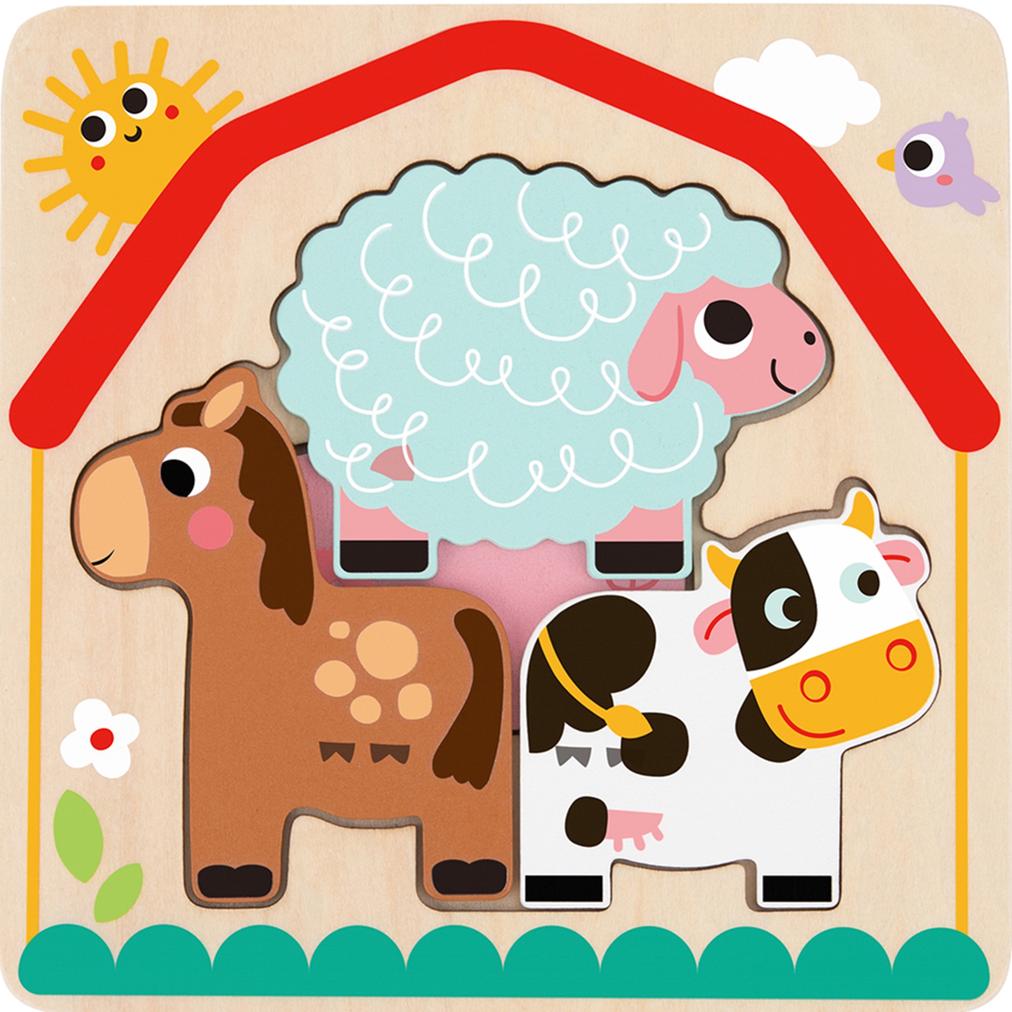Drewniane puzzle Montessori wielowarstwowe tablica zwierzątka na farmie 7 el., zabawka dla dzieci, Tooky Toy