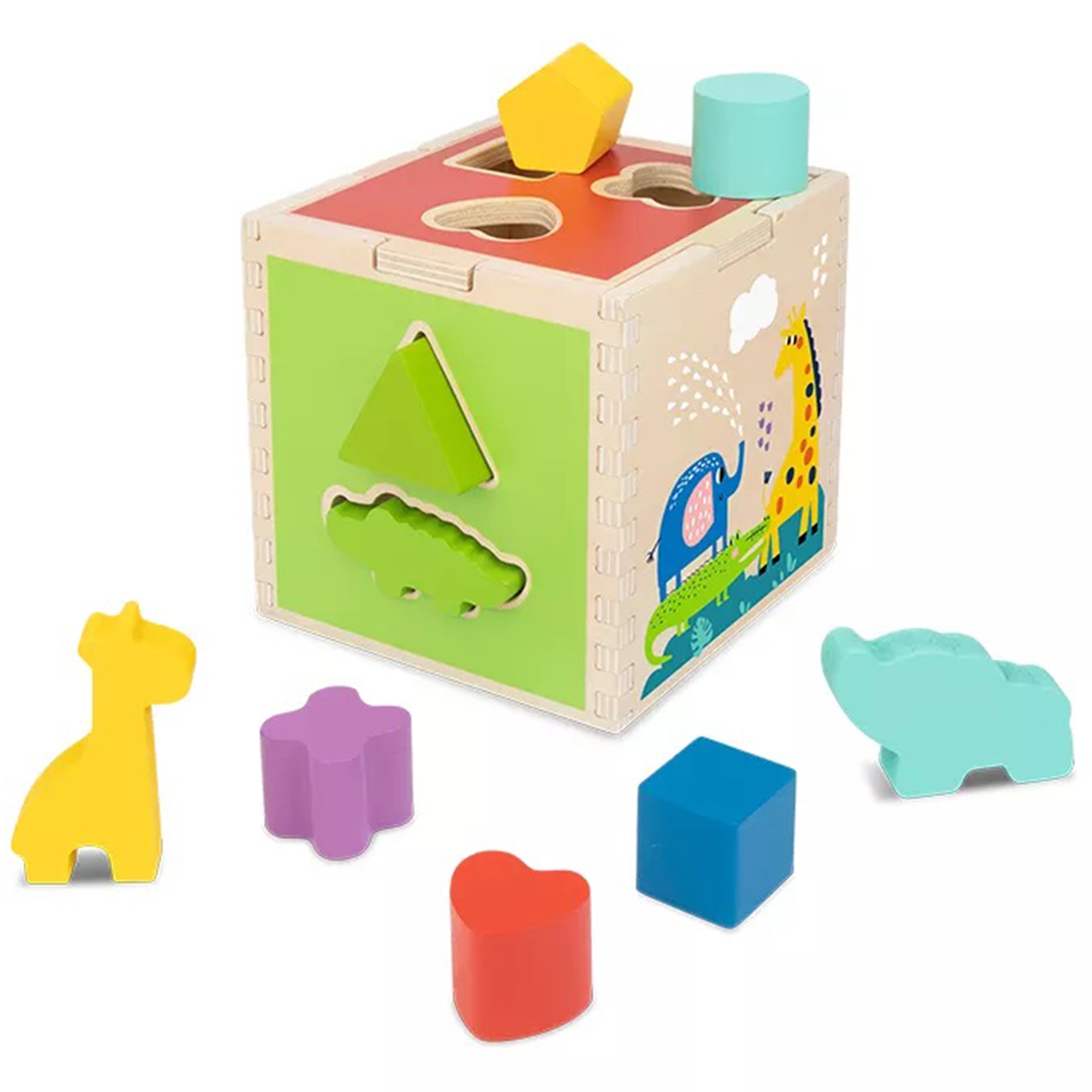Drewniany sorter kostka edukacyjna zwierzątka figury geometryczne, zabawka dla dzieci, Tooky Toy