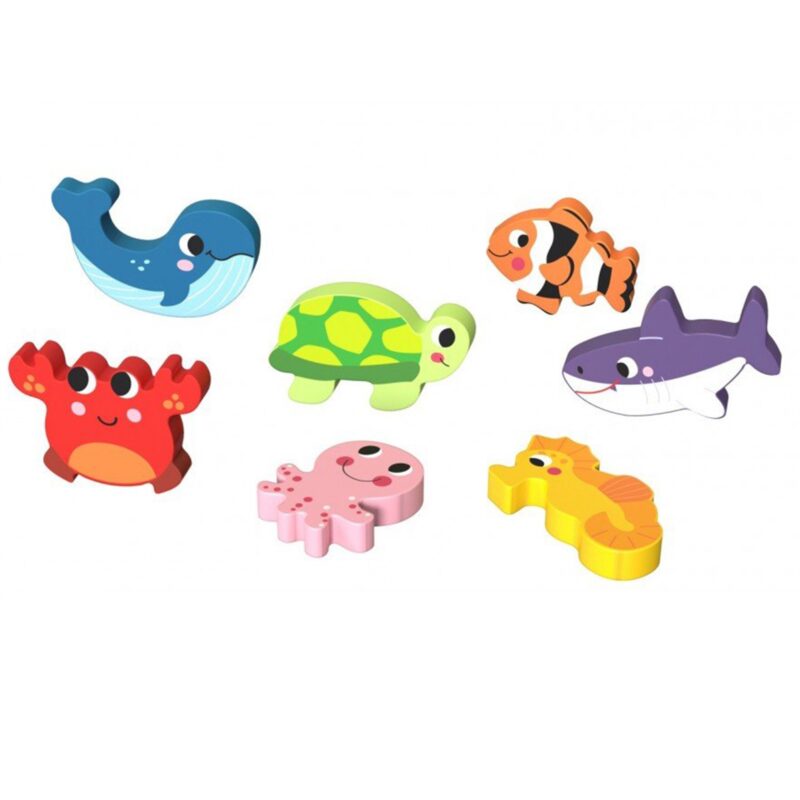 Drewniane puzzle Montessori świat morza rybki żółwik kształty, zabawka dla dzieci, Tooky Toy