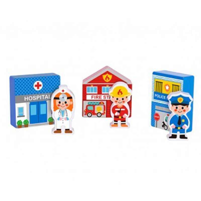 Drewniany zestaw budynków i figurek miasto policja szpital remiza policjant doktor strażak, zabawka dla dzieci, Tooky Toy
