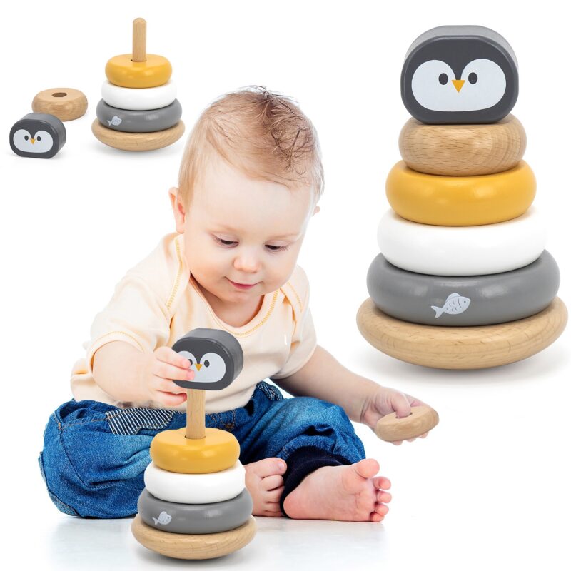Drewniana piramidka edukacyjna - pingwinek, zabawka dla dzieci, Viga PolarB