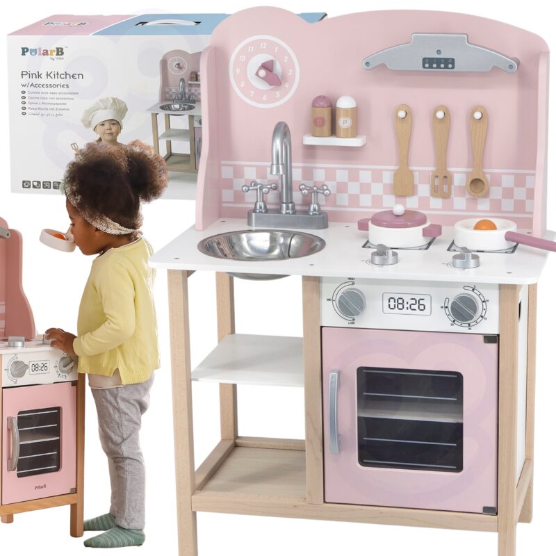 Drewniana kuchnia z akcesoriami silver - pink, zabawka dla dzieci, Viga PolarB