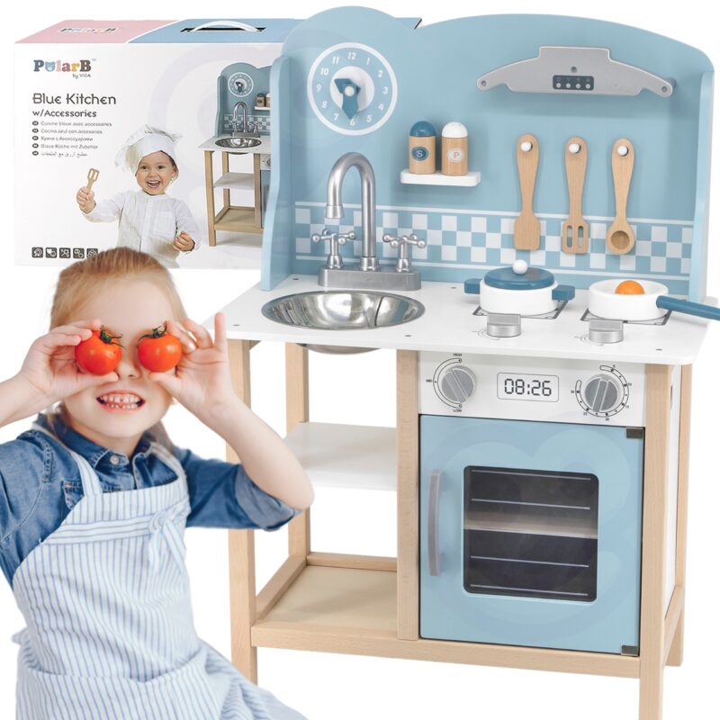 Drewniana kuchnia z akcesoriami silver - blue, zabawka dla dzieci, Viga PolarB