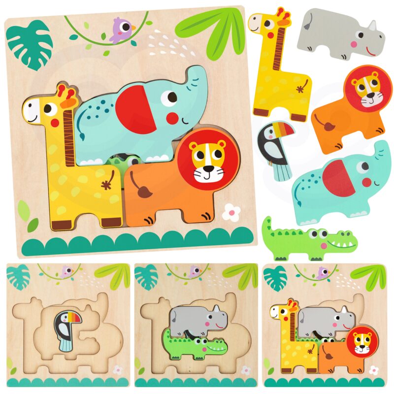 Drewniane puzzle Montessori wielowarstwowe tablica zwierzątka leśne 7 el., zabawka dla dzieci, Tooky Toy