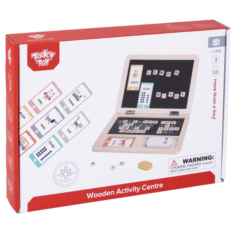Drewniany laptop układanka Montessori puzzle nauka literek pisania tablica suchościeralna 58 el., zabawka dla dzieci, Tooky Toy