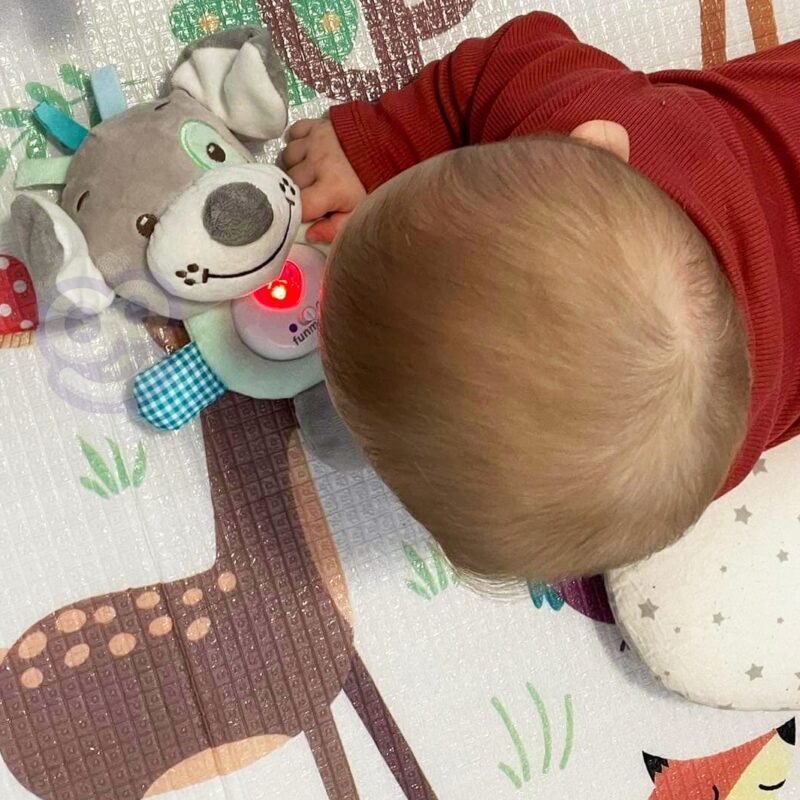 Interaktywny pluszak przytulanka dla niemowląt światło dźwięk piesek gryzak usypiacz, zabawka dla dzieci, Woopie
