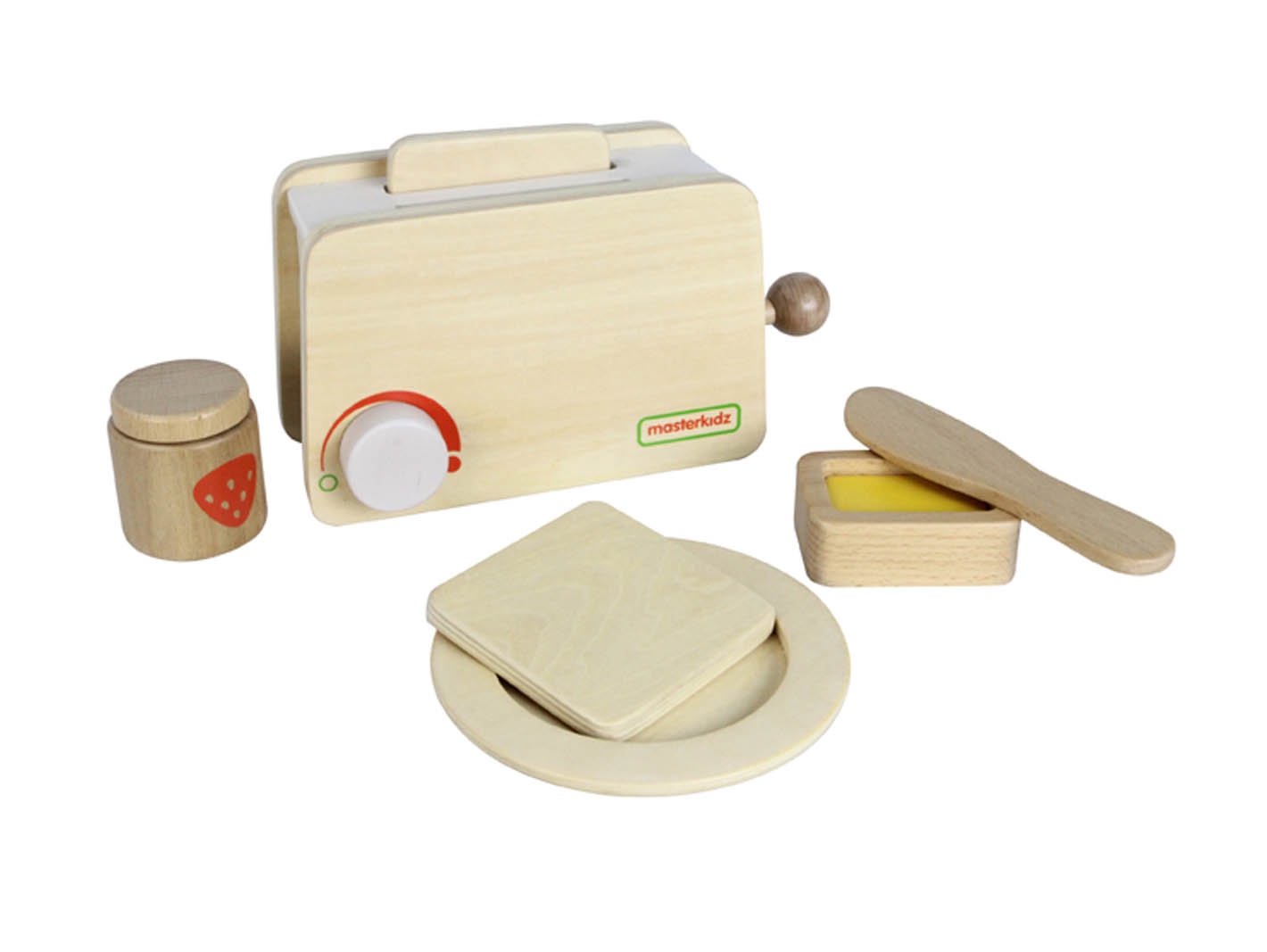 Drewniany toster + masło, kromka chleba, nóż, talerz, dżem, zabawka dla dzieci, Masterkidz
