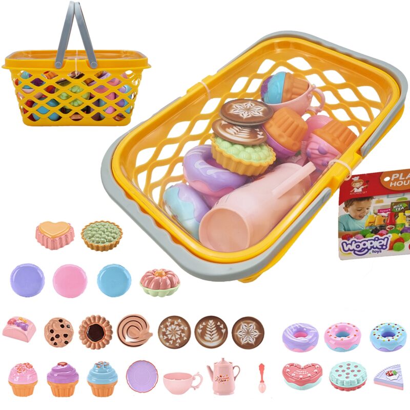 Koszyk na zakupy z zestawem do herbaty i słodyczami 26 el., zabawka dla dzieci, Woopie