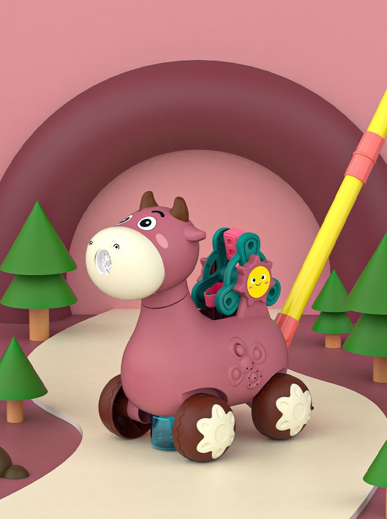 Pchacz krówka do pchania z dźwiękiem i bańkami mydlanymi różowa, zabawka dla dzieci, Woopie