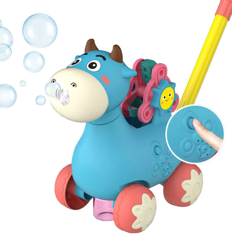 Pchacz krówka do pchania z dźwiękiem i bańkami mydlanymi niebieska, zabawka dla dzieci, Woopie
