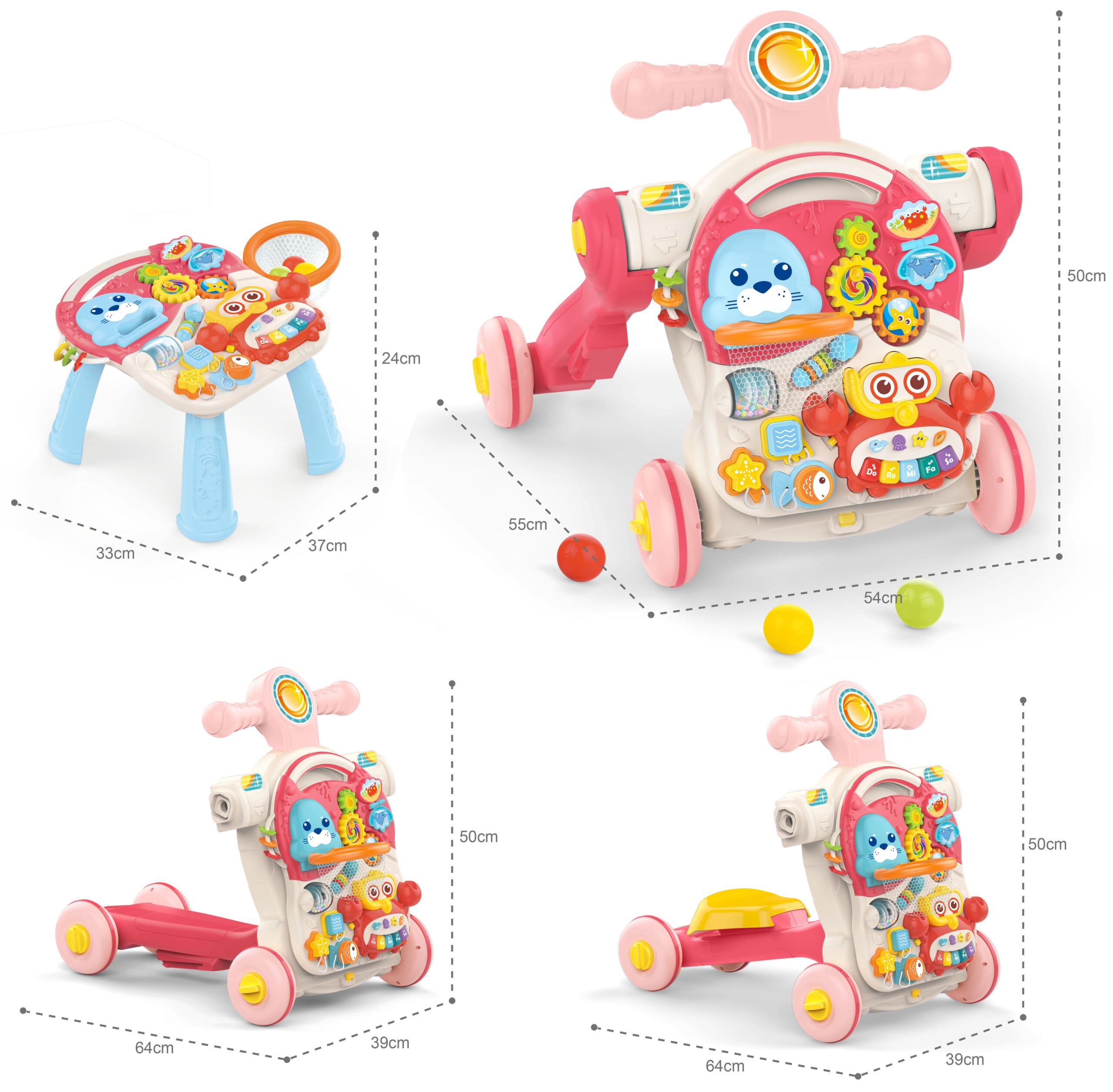 Baby pchacz chodzik stolik edukacyjny hulajnoga jeździk 4w1, zabawka dla dzieci, Woopie