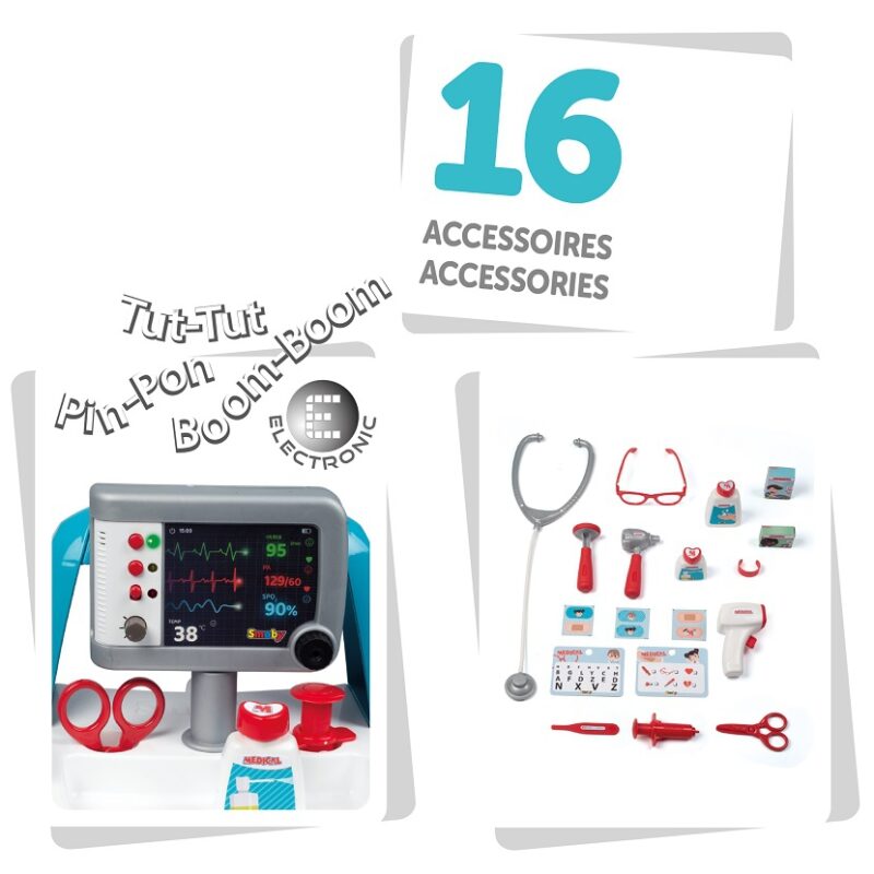 Elektroniczny wózek medyczny, gabinet lekarski, 16 akcesoriów, zabawka dla dzieci, Smoby