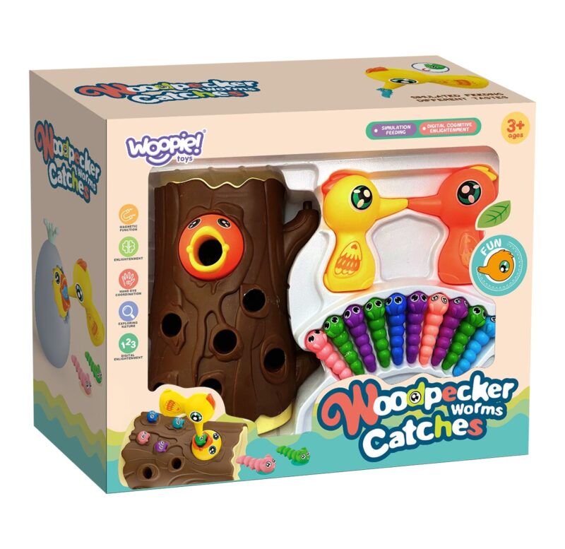Magnetyczna gra zręcznościowa złap robaczka - 2 dzięcioły + 10 robaczków, zabawka dla dzieci, Woopie