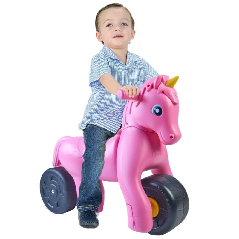 Jeździk biegowy różowy jednorożec na szerokich kołach, zabawka dla dzieci, Feber
