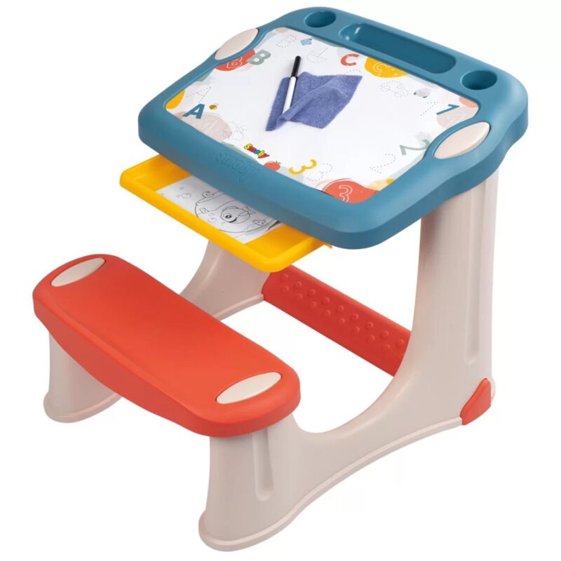 Stolik z tablicą do rysowania biurko z ławką + 12 akcesoriów, zabawka dla dzieci, Smoby