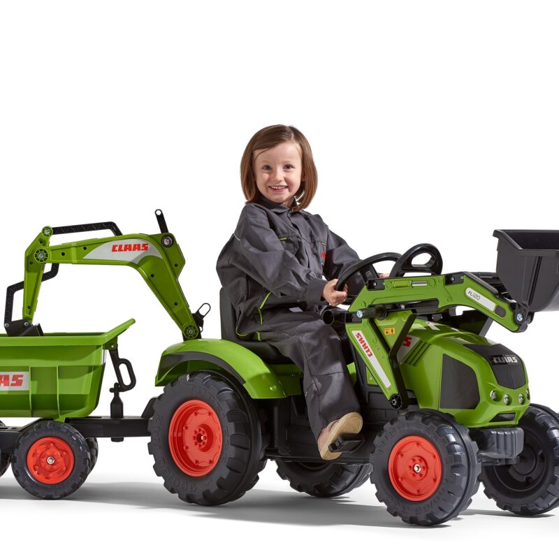 Traktor Claas na pedały z przyczepą, łyżką i spychaczem od 3 lat, zabawka dla dzieci, FALK