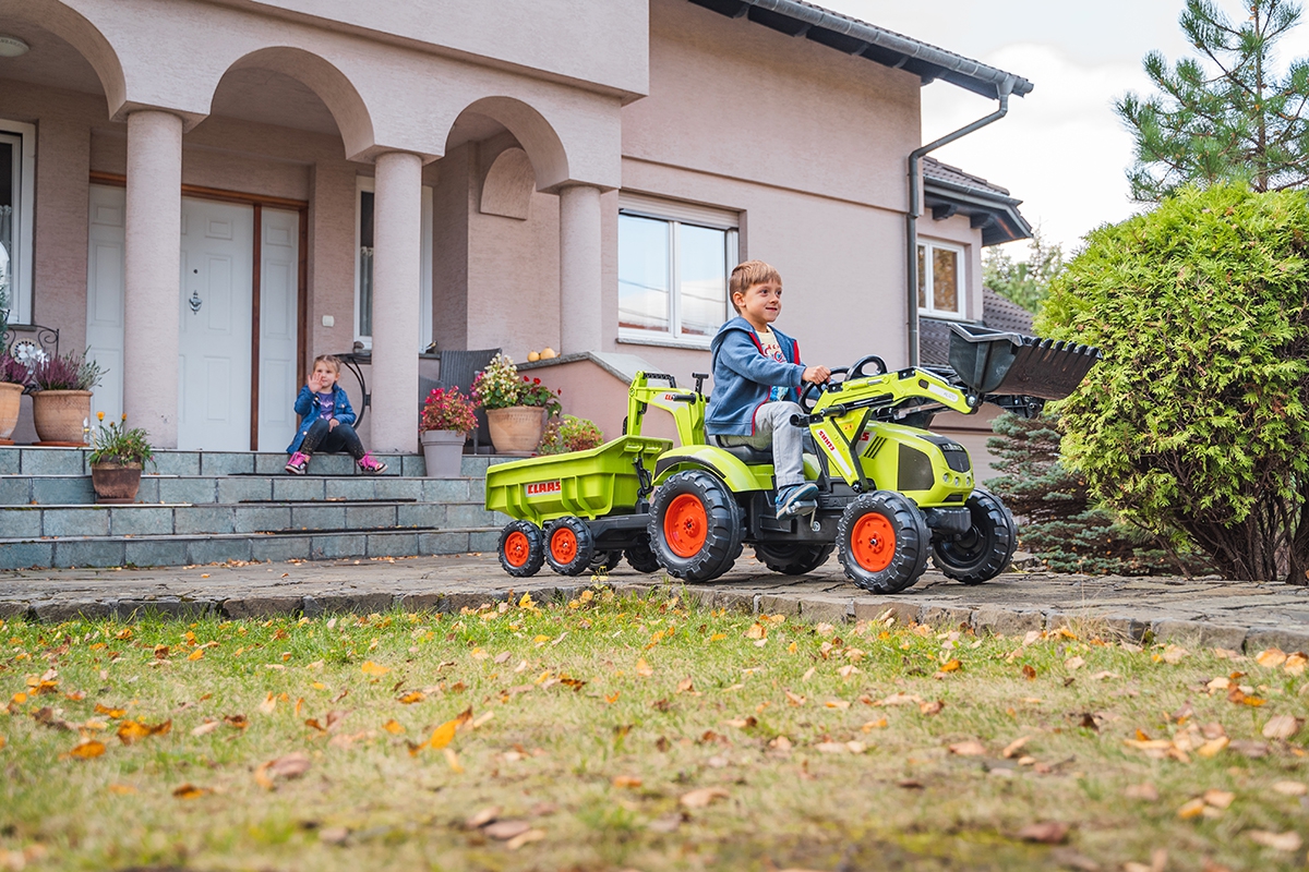 Traktor Claas na pedały z przyczepą, łyżką i spychaczem od 3 lat, zabawka dla dzieci, FALK