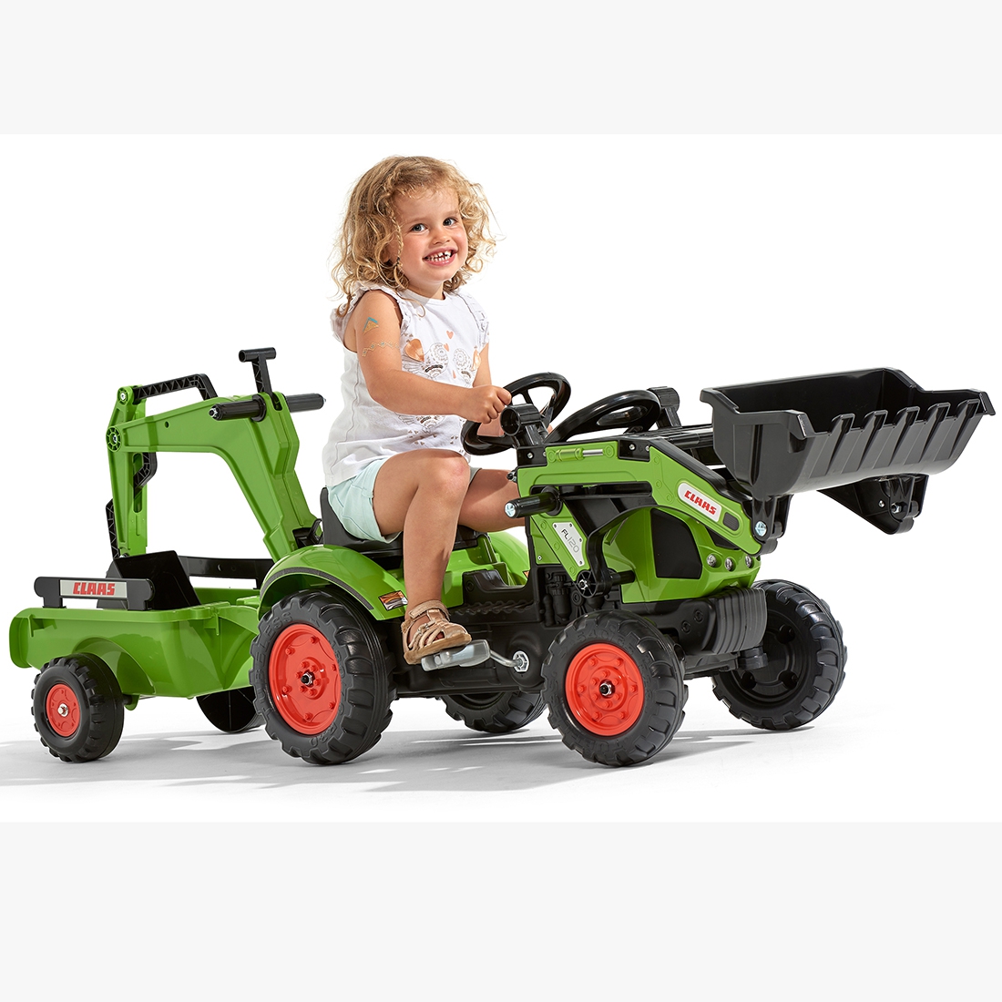Traktor z przyczepą Claas arion - backhoe, łyżka + ładowarka, od 2 lat, zabawka dla dzieci, FALK