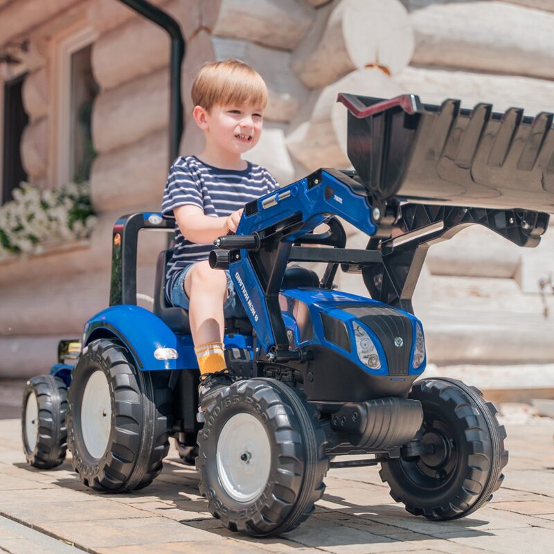 Traktor New Holland niebieski na pedały z przyczepką od 3 lat, zabawka dla dzieci, FALK