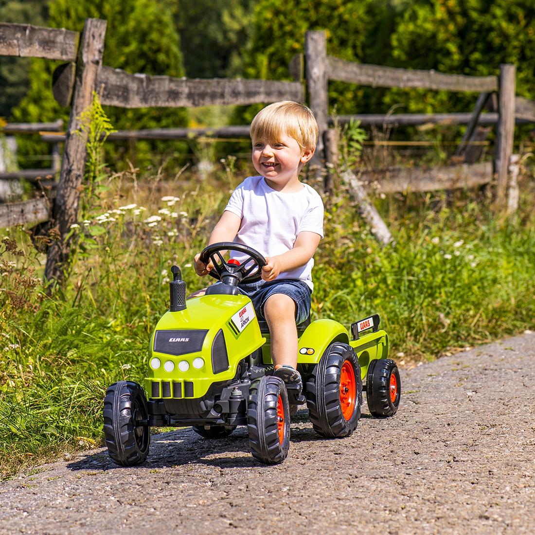 Traktorek Claas zielony na pedały klakson przyczepa od 2 lat., zabawka dla dzieci, FALK