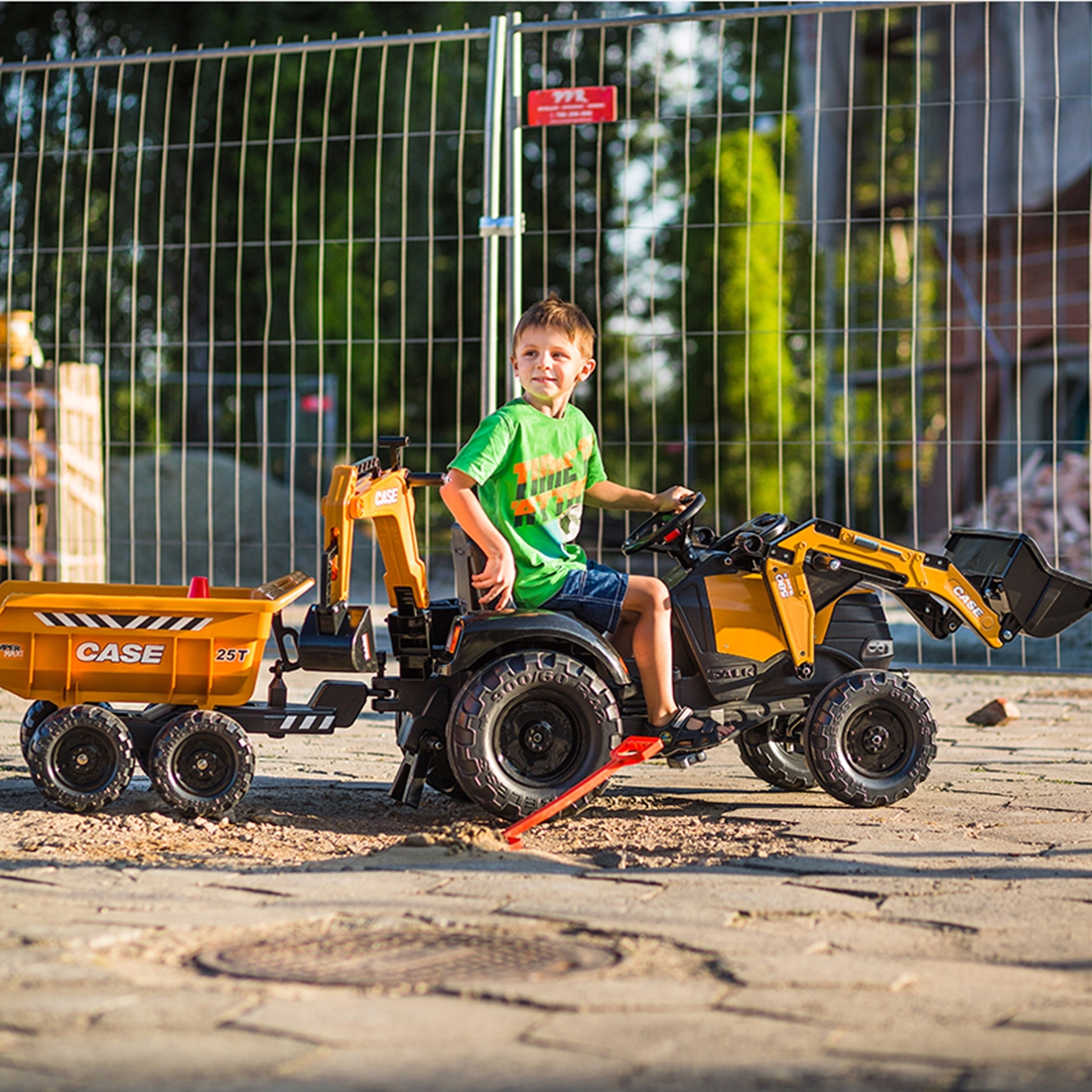 Traktor Case ih backhoe pomarańczowy z przyczepką ruchoma łyżka od 3 lat, zabawka dla dzieci, FALK