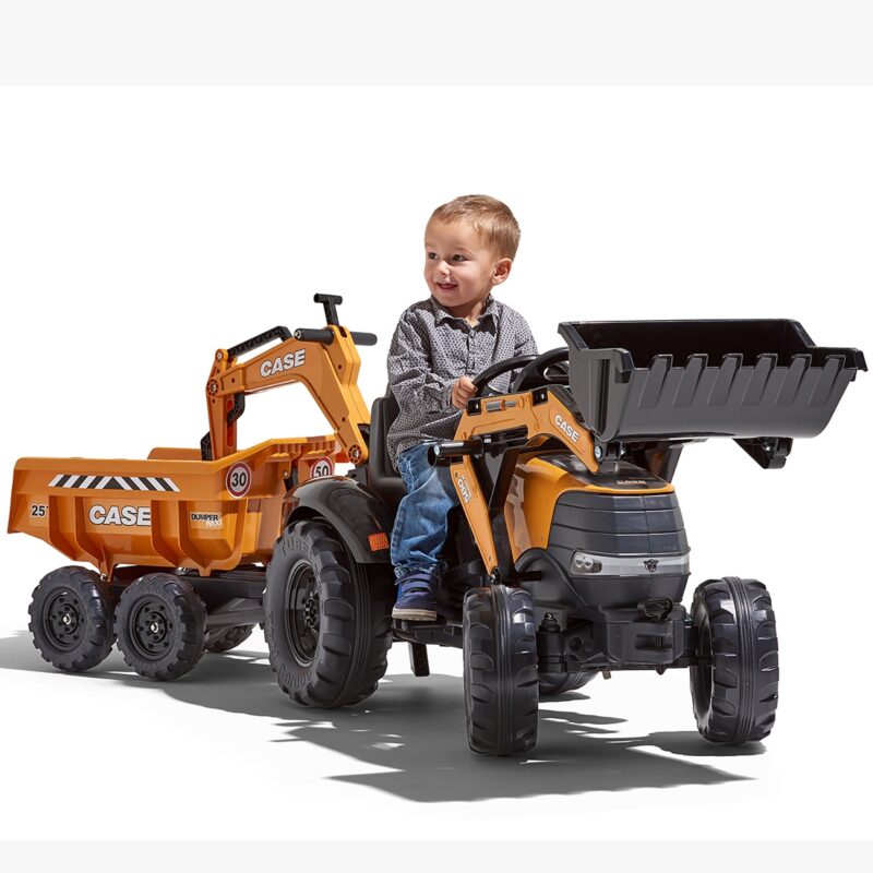 Traktor Case ih backhoe pomarańczowy z przyczepką ruchoma łyżka od 3 lat, zabawka dla dzieci, FALK