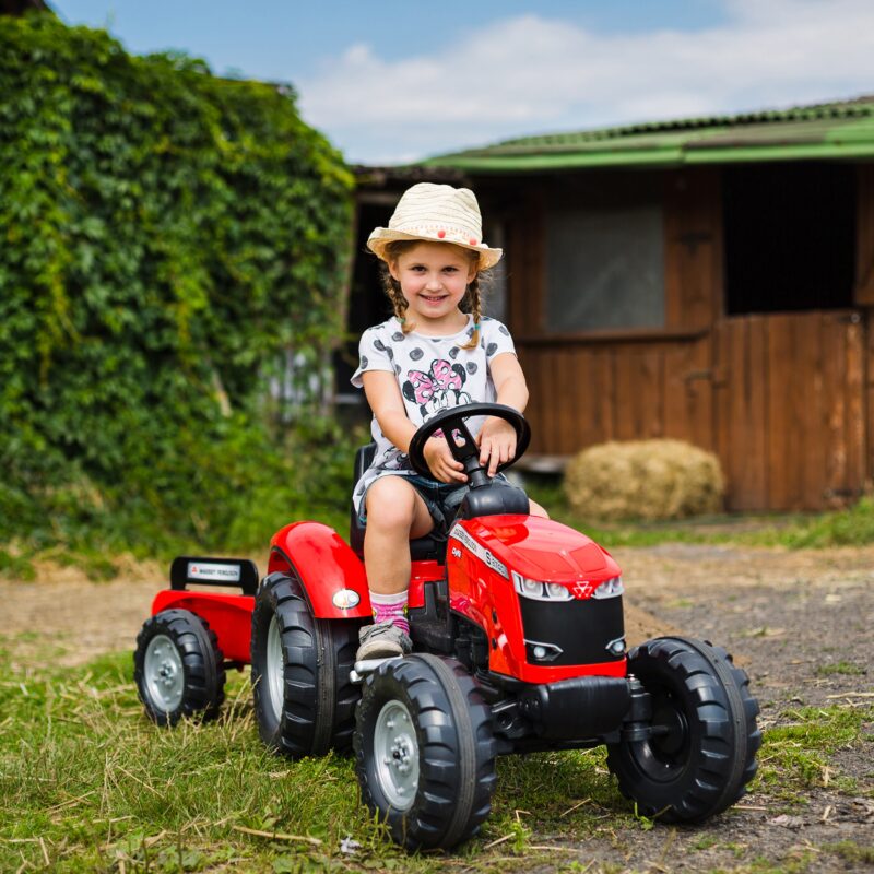 Traktor massey ferguson czerwony na pedały z przyczepką od 3 lat, zabawka dla dzieci, FALK