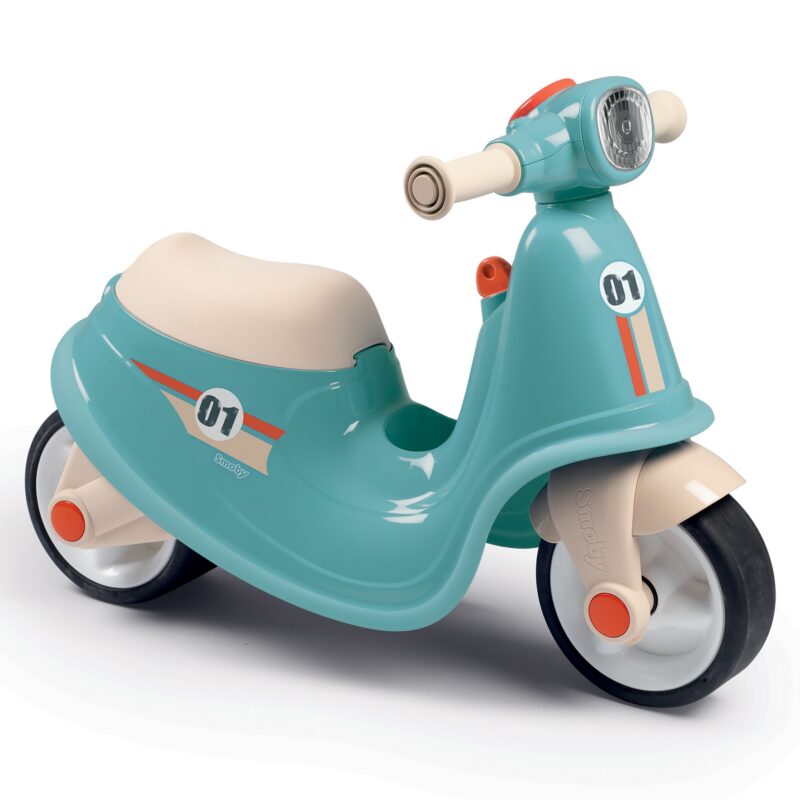 Niebieski jeździk skuter retro ciche koła scooter, zabawka dla dzieci, Smoby
