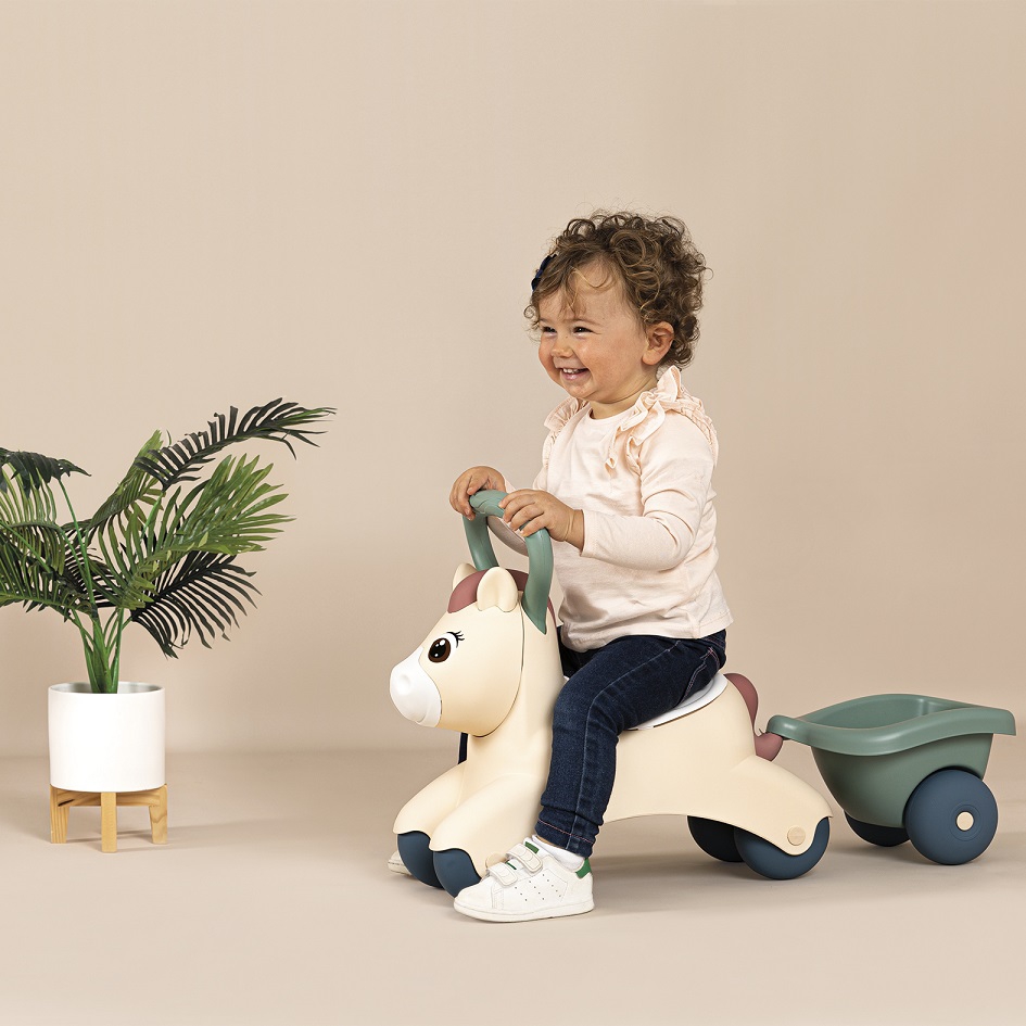 Little pierwszy jeżdzik pony ride-on kucyk z przyczepką, zabawka dla dzieci, Smoby