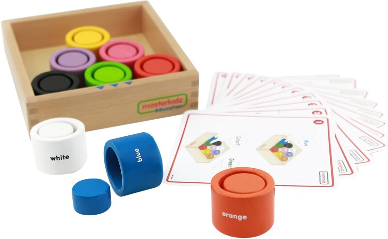 Kolorowe drewniane klocki i kubeczki okrągłe Masterkidz Montessori, zabawka dla dzieci