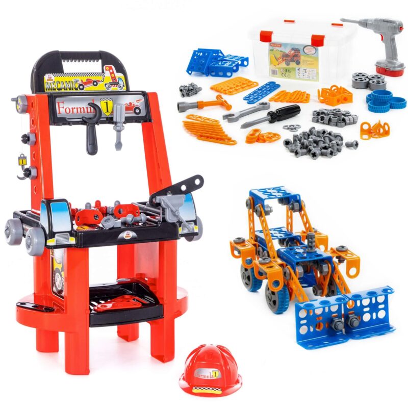 Zestaw majsterkowicza „super mechanik” + zestaw narzędzi klocki konstrukcyjne „wynalazca” Polesie, zabawka dla dzieci