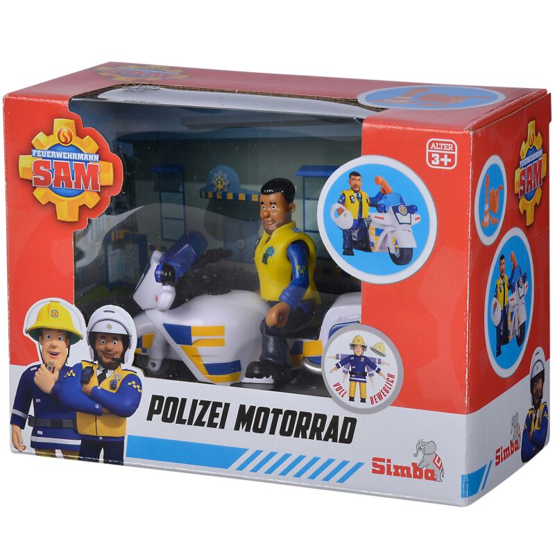 Strażak sam motor policyjny z figurką malcolma + akc, zabawka dla dzieci, Simba
