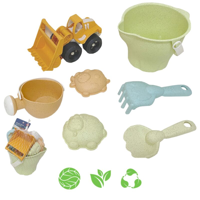 Green zestaw do piasku w wiaderku 7 el. biodegradowalny organiczny materiał, zabawka dla dzieci, Woopie