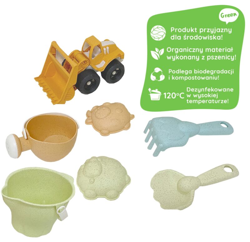 Green zestaw do piasku w wiaderku 7 el. biodegradowalny organiczny materiał, zabawka dla dzieci, Woopie