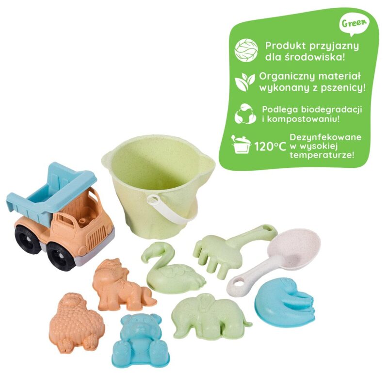 Zestaw do piasku w wiaderku i ciężarówka wywrotka - biodegradowalny organiczny materiał - zabawka dla dzieci Woopie green, zabawka dla dzieci