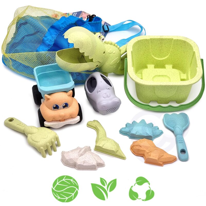 Green zestaw do piasku z wiaderkiem i łopatką krokodyl 10 el. biodegradowalny organiczny materiał, zabawka dla dzieci, Woopie