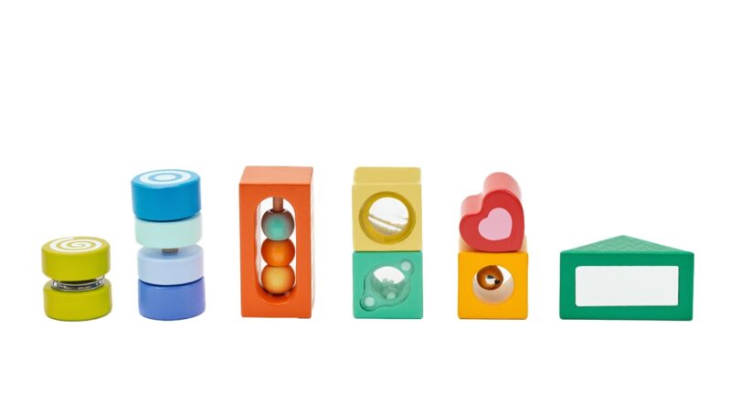 Drewniane klocki sensoryczne 7 funkcji układanka multifunkcyjna kształty dźwięk Montessori 14 el., zabawka dla dzieci, Classic World