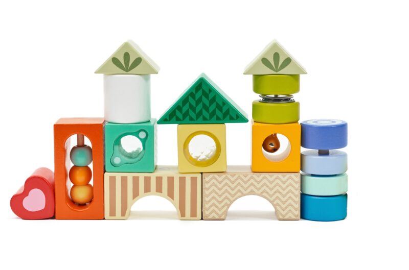 Drewniane klocki sensoryczne 7 funkcji układanka multifunkcyjna kształty dźwięk Montessori 14 el., zabawka dla dzieci, Classic World