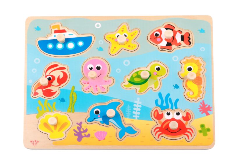Drewniane puzzle Montessori morze z pinezkami dopasuj kształty, zabawka dla dzieci, Tooky Toy