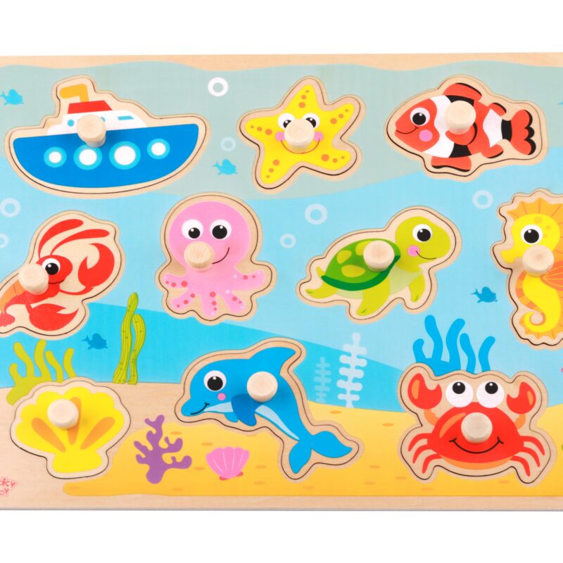 Drewniane puzzle Montessori morze z pinezkami dopasuj kształty, zabawka dla dzieci, Tooky Toy