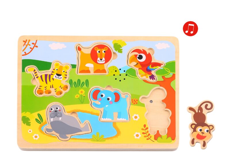 Drewniane puzzle Montessori dźwiękowe zwierzęta do dopasowania, zabawka dla dzieci, Tooky Toy