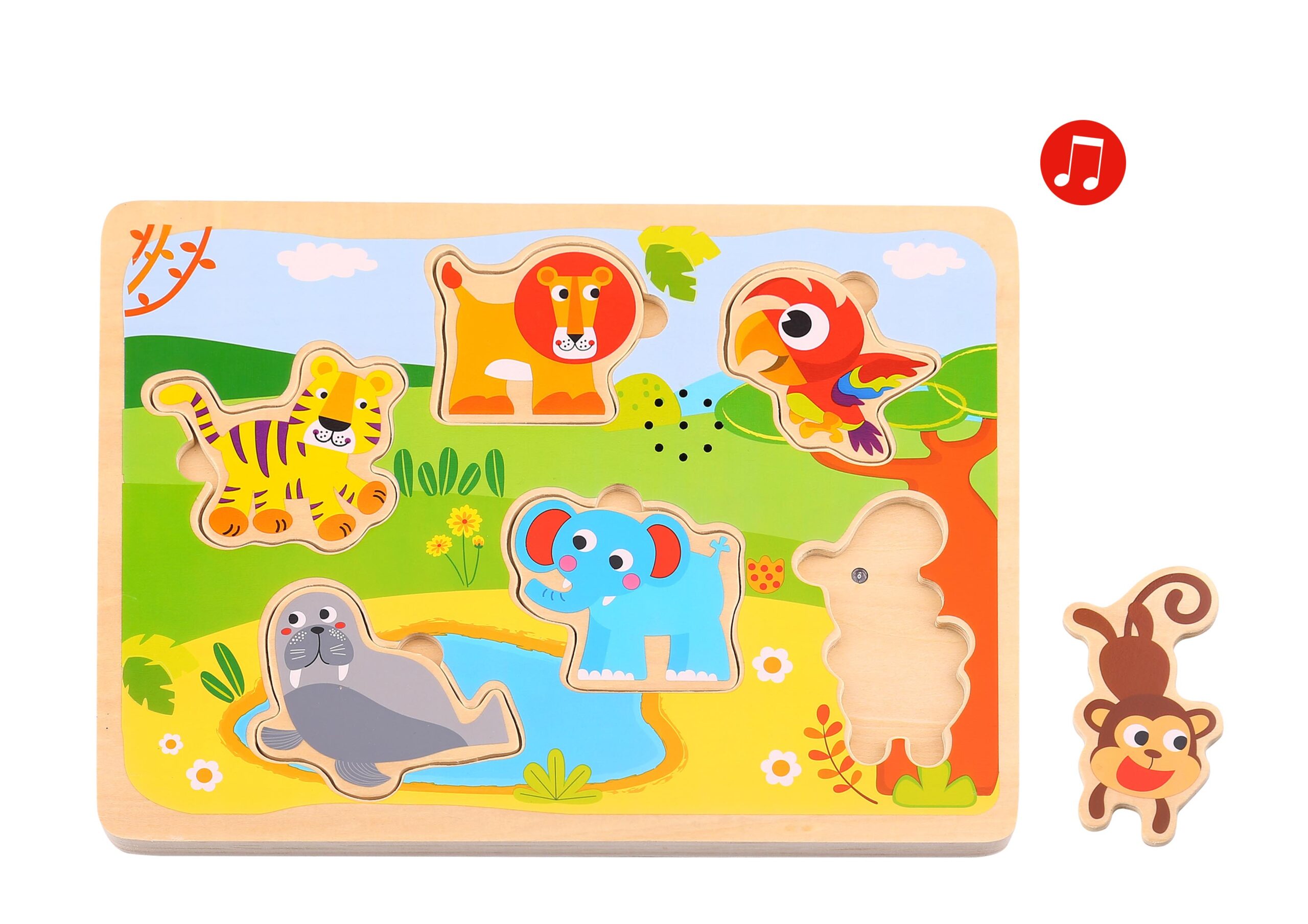 Drewniane puzzle Montessori dźwiękowe zwierzęta do dopasowania, zabawka dla dzieci, Tooky Toy