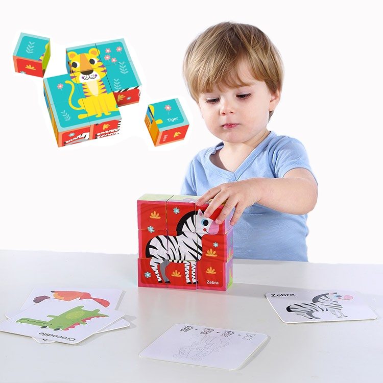 Układanka Montessori bloki kostki sześciany puzzle zwierzęta + wzorniki, zabawka dla dzieci, Tooky Toy