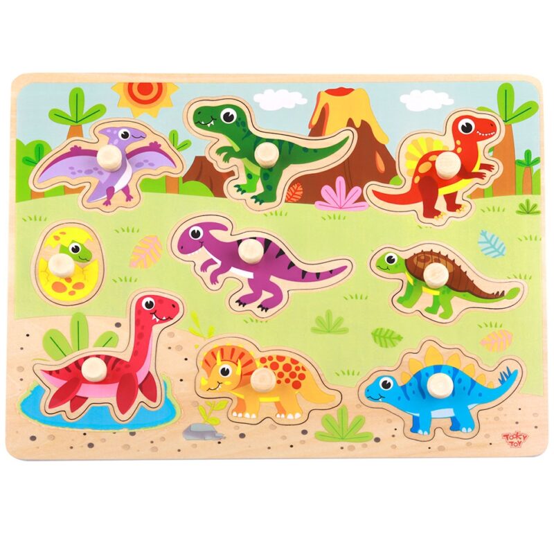 Drewniane puzzle Montessori układanka dinozaury kształty, zabawka dla dzieci, Tooky Toy